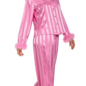 Linea Donatella Pink Satin Pajama Set with Feather Trim